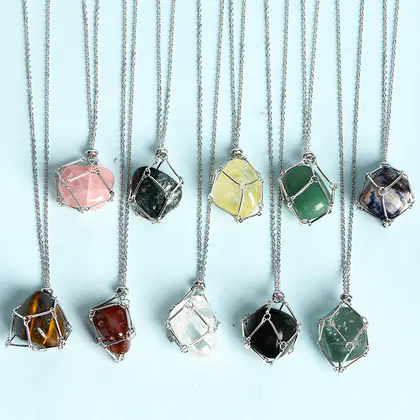 Metal Net Pouch Crystal Pendant (Multi-color & Chakra) Wire-wrapped, Wholesale