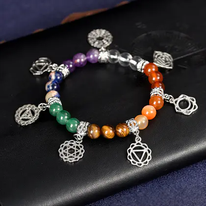 Colorful Chakra Energy Crystal Bracelet Cross-border New Fashion Personality Seven Veins Energy Crystal Bracelet European and American Fashion Vintage Woven Leather Bracelet Accessories