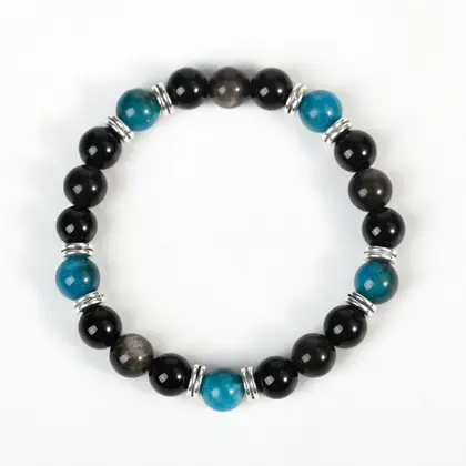 Obsidian + Accent Stones Bracelet, Silver Obsidian Meteorite Planet Beads, Couples