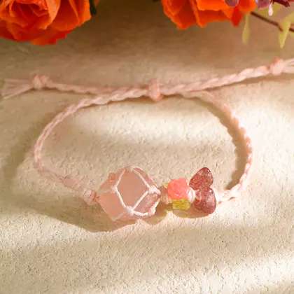 Simple Rose Raw Stone Woven Cord Bracelet