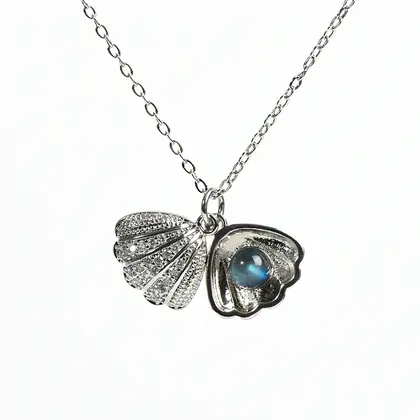 Shell/Seed Pod Moonstone Pendant, 925 Silver Pin, Faceted Moonstone, Sweet Style
