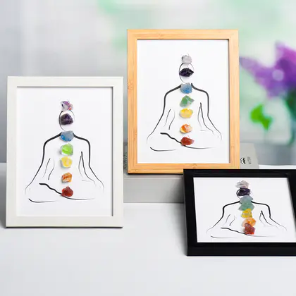 Classic Raw 7 Chakra Photo Frame, Colorful Raw Crystals, Wooden, Housewarming Gift
