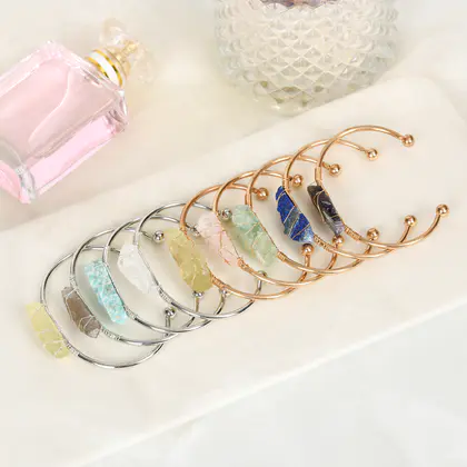 Irregular Column Wire-wrapped Bangle, Ins-style Light Luxury Gold/Silver, Fluorite & Rose Quartz Handmade Bracelet