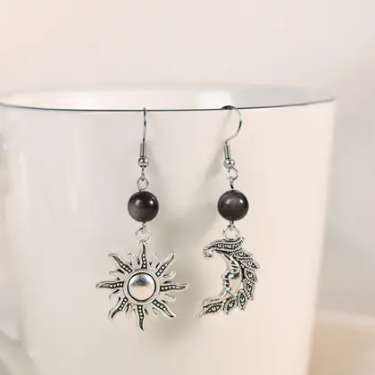 Sun & Moon Asymmetric Earring Pair (Multi-color) Creative Star Moon, Silver Obsidian, Best Seller